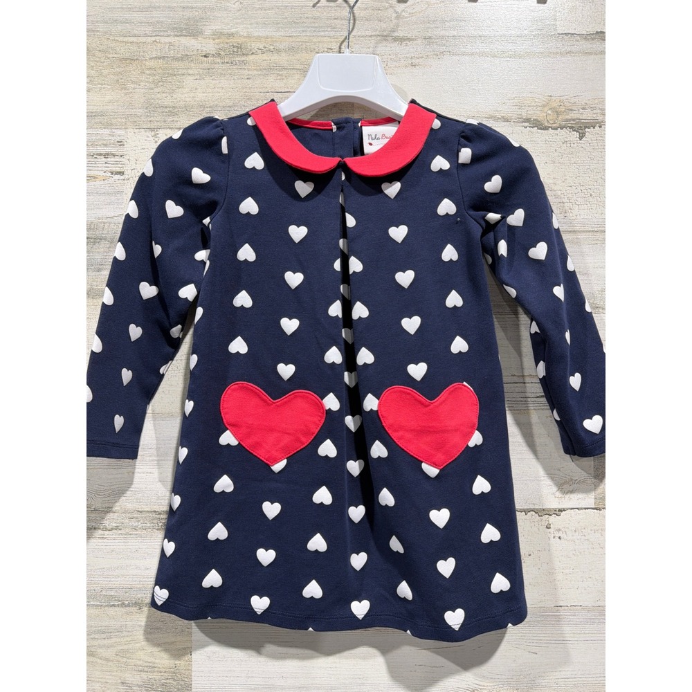 Nula Bug Heart Print Dress Girls 5 Navy Blue Peter Pan Collar Mod EUC